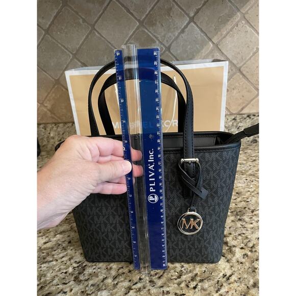 Michael Kors Jet Tote Bag Black Saffiano Logo Purse Satchel Handbag MK Charm - Picture 9 of 11